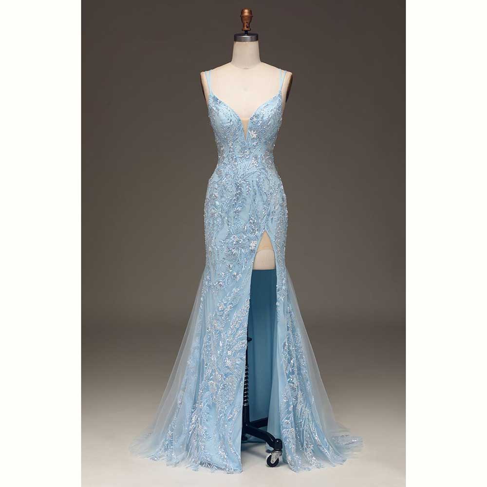 Elegant Light Blue Satin Women - Elegant Satin Evening Gown Split 评论和价格