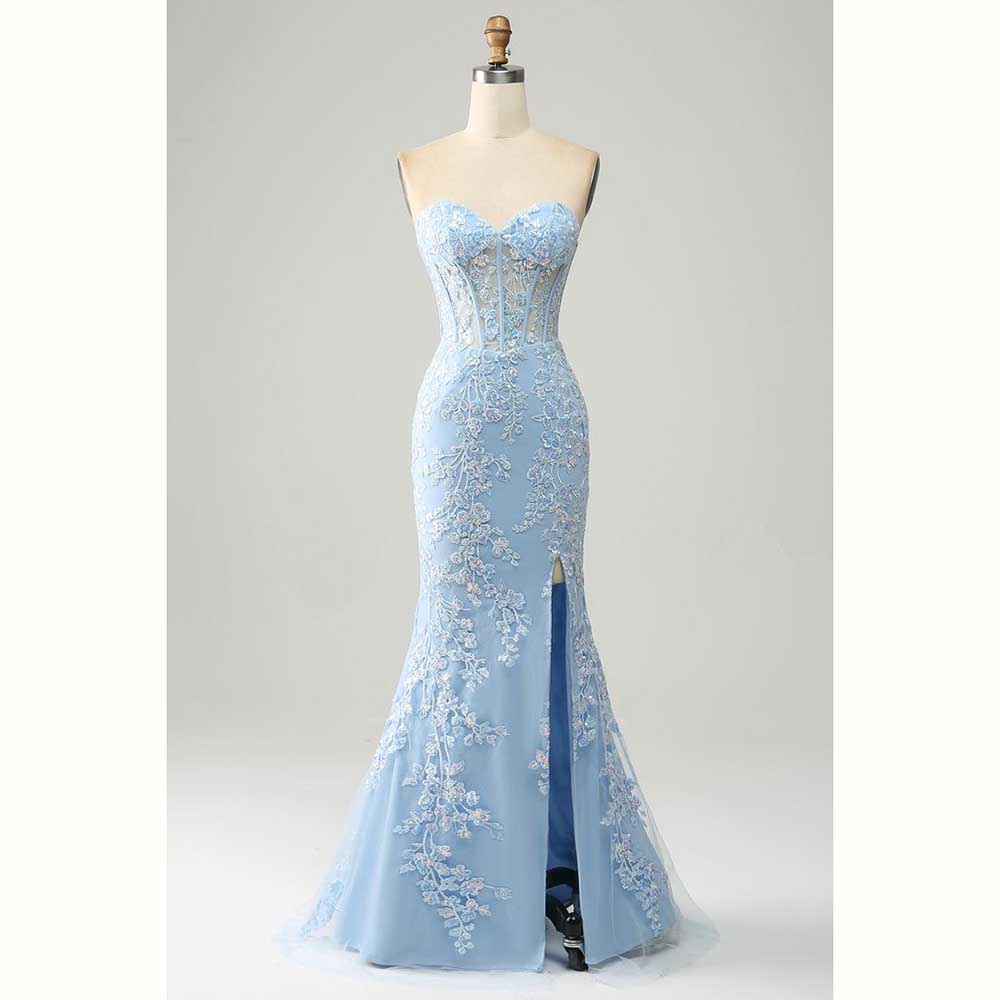 Elegant Light Blue Satin Women - Elegant Satin Evening Gown Split 评论和价格