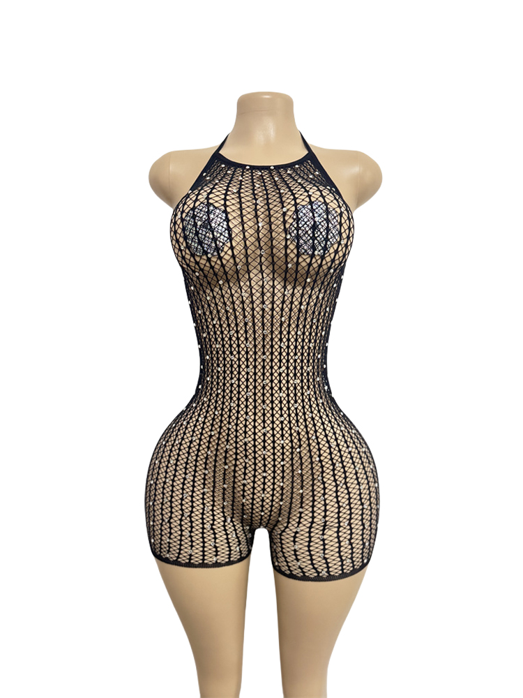 Women Halter Rhinestone Fishne - Sexy Mesh Sheer Bodycon Dress 评论和价格