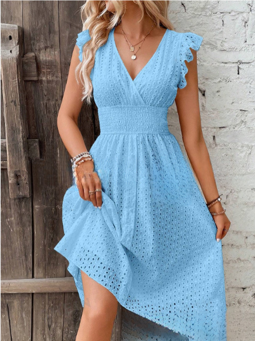 Summer Cotton Eyelet V-Neck Dr - French Vintage Floral Midi Dress 评论和价格