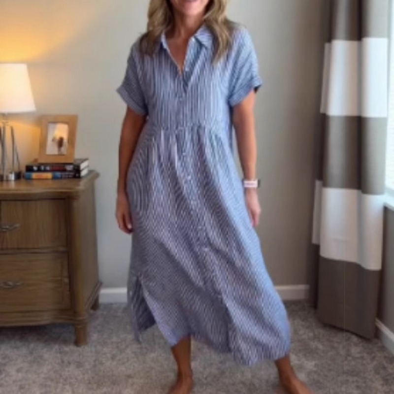 Women Striped Shirt Dress Summ - Casual Loose Linen Shirt Dress 评论和价格