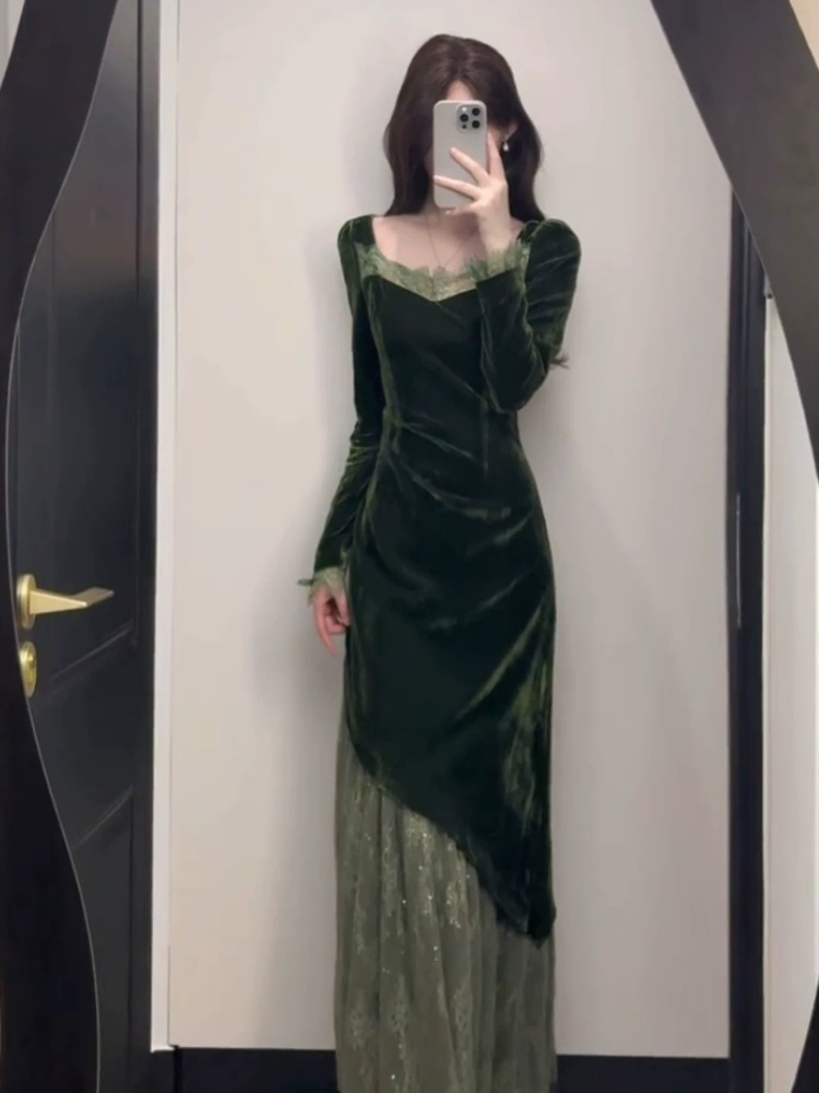 French Vintage Elegant Velvet  - French Vintage Floral Midi Dress 评论和价格